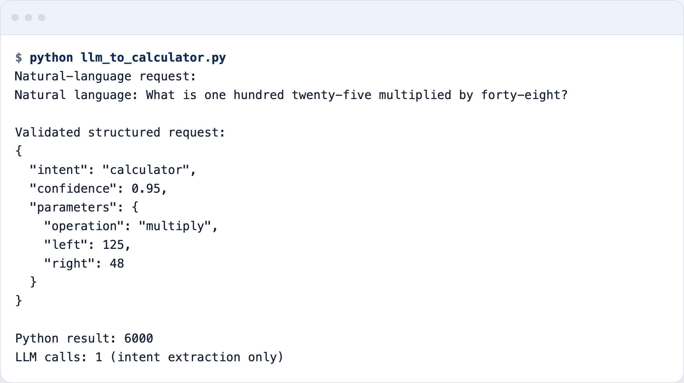 Screenshot: real run on a local model; same request, same 6000 Local model terminal run extracting calculator intent before Python returns 6000